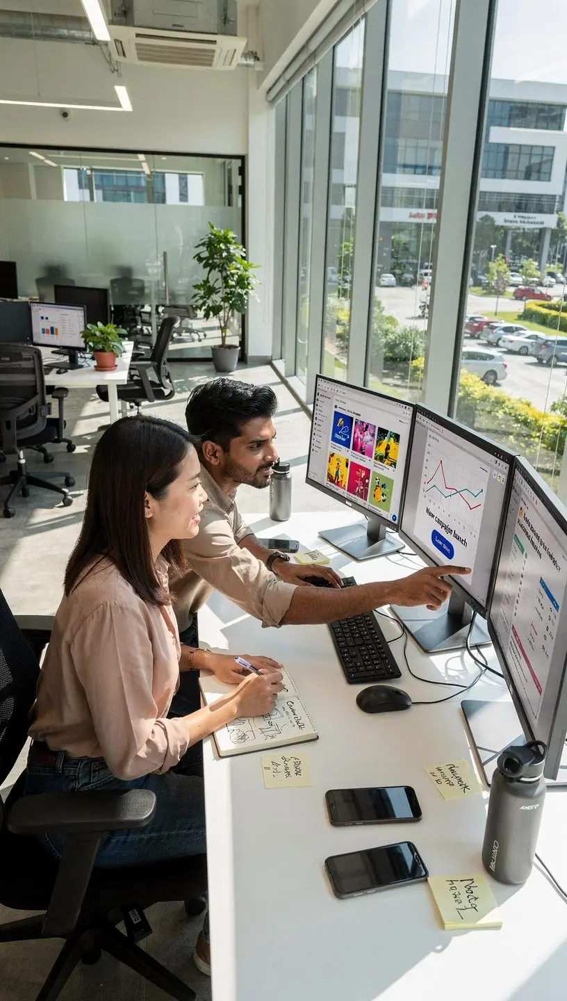 A consultant presenting a digital marketing strategy to a group of attentive clients.