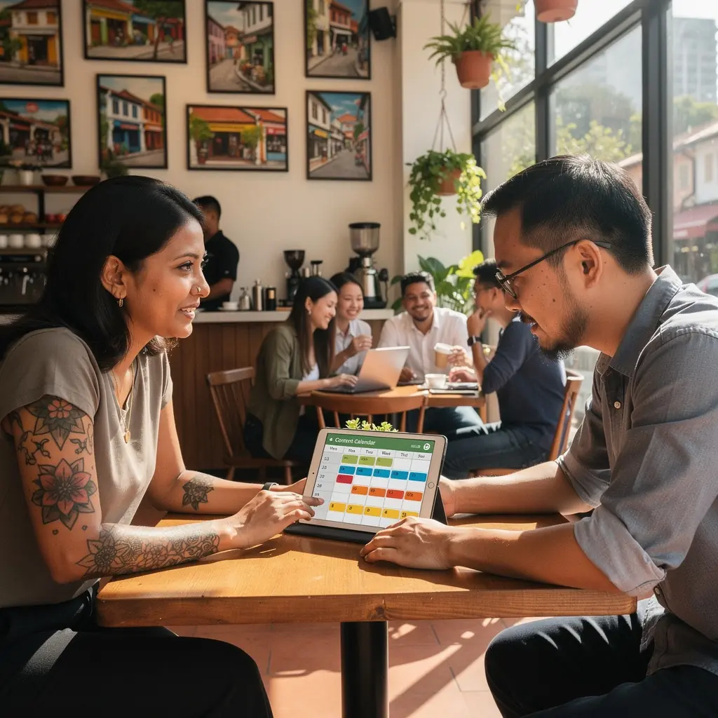 A creative workspace filled with brainstorming materials and digital marketing tools.