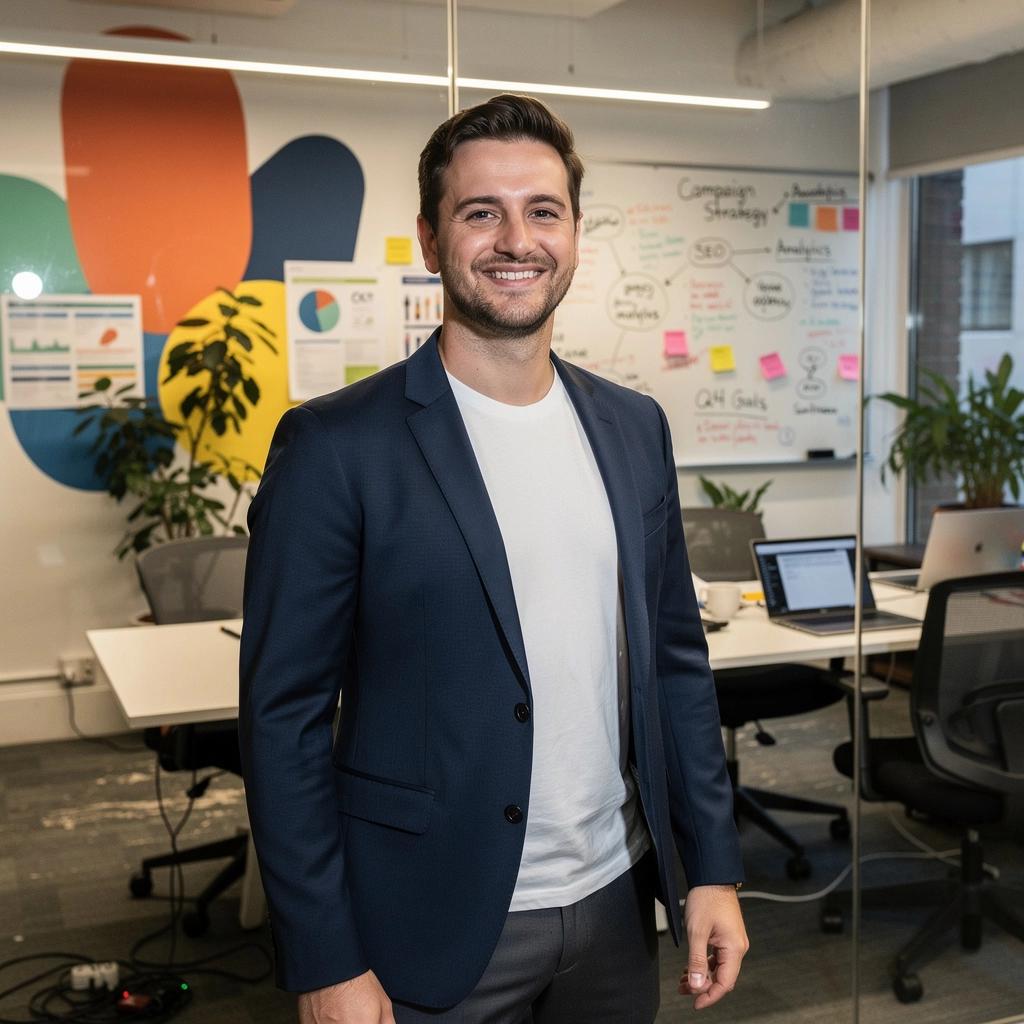 A team of digital marketing professionals brainstorming strategies in a modern office setting.